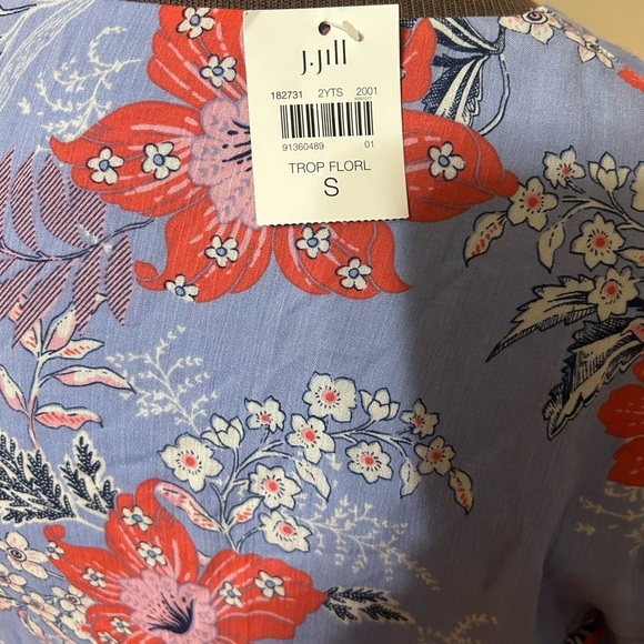 J Jill Sz S  Tropical Floral Blue Dipped Hem V Neck Belted Dress W/pockets - Picture 8 of 11
